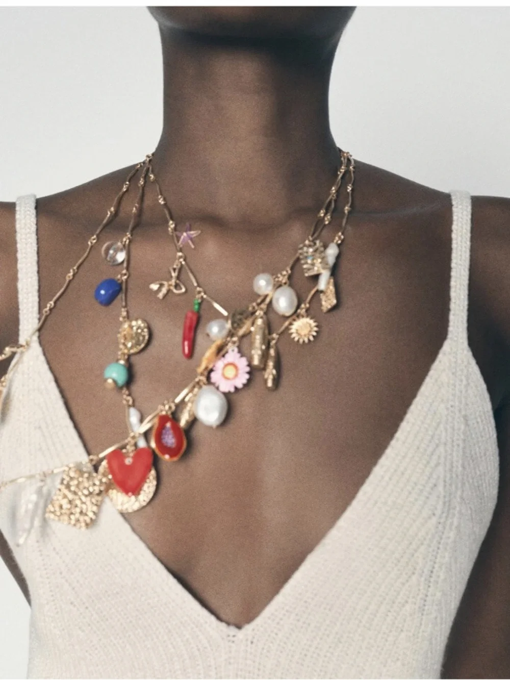 Zara Gold Multi-Charm Layered Necklace with Red, Blue and Pink Accents - Picture 5 of 7